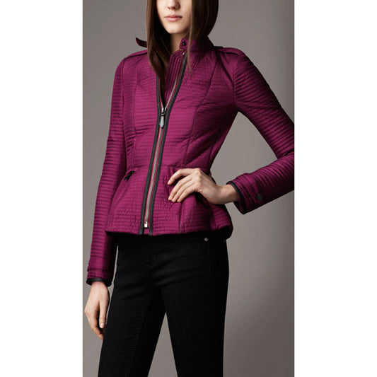 sz M NEW $1095 BURBERRY LONDON Magenta PEPLUM Ribbed Quilted Sedgeford JACKET