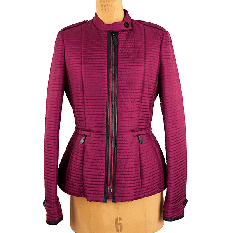 sz M NEW $1095 BURBERRY LONDON Magenta PEPLUM Ribbed Quilted Sedgeford JACKET