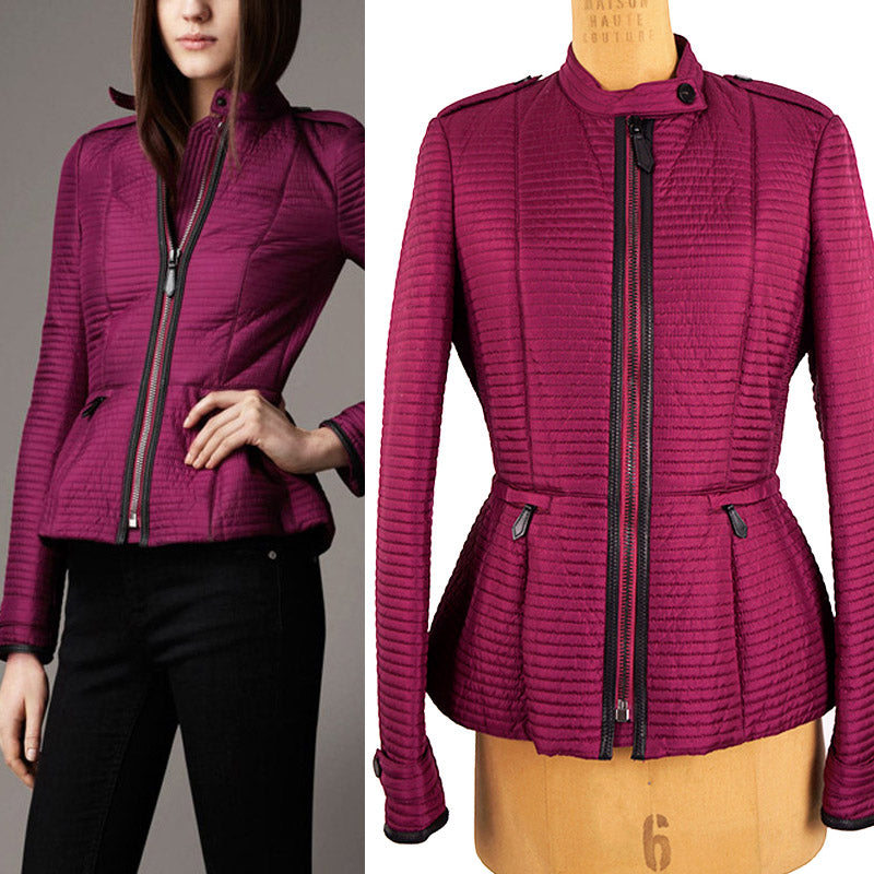 sz M NEW $1095 BURBERRY LONDON Magenta PEPLUM Ribbed Quilted Sedgeford JACKET