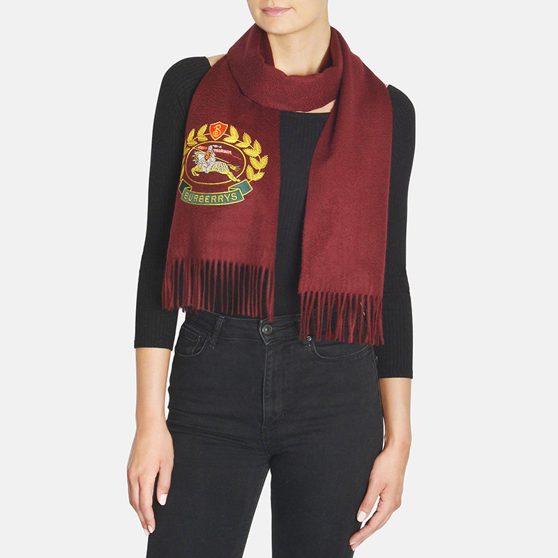 NEW $430 BURBERRY Dark Red 100% CASHMERE Embroidered Crest Cashmere SCARF