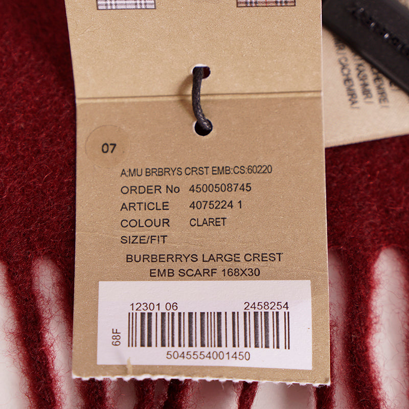 NEW $430 BURBERRY Dark Red 100% CASHMERE Embroidered Crest Cashmere SCARF