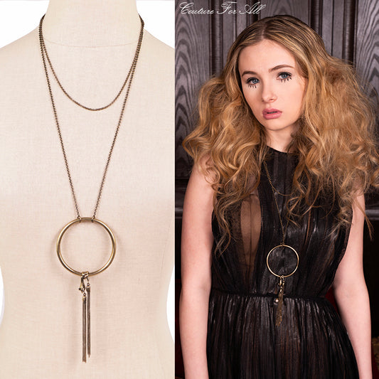NEW $555 ROBERTO CAVALLI Brass Gold ART DECO HAND Double Chain Long NECKLACE NWT