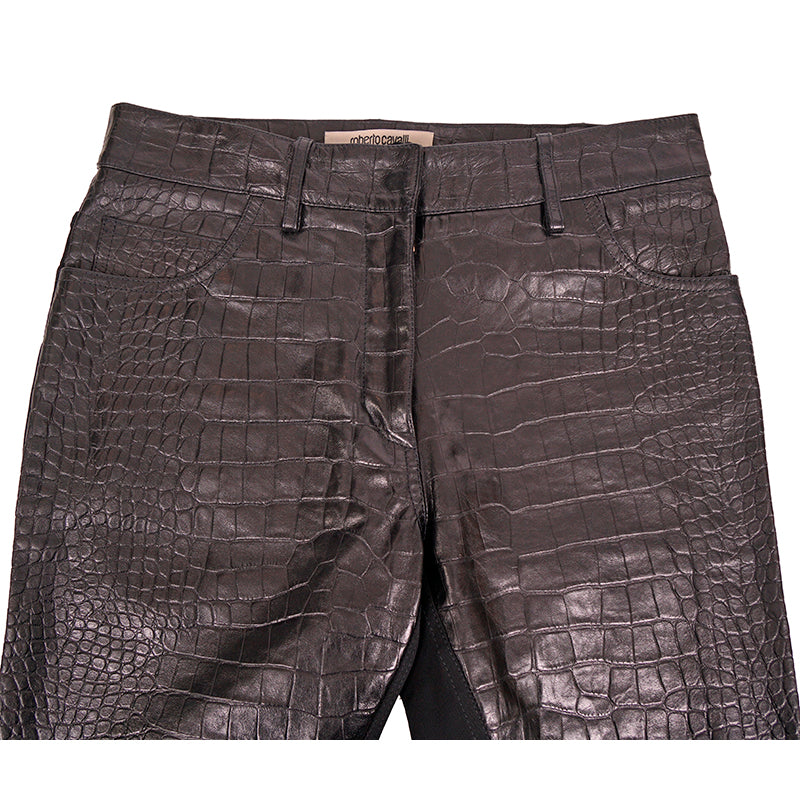 40 XS NEW $2495 ROBERTO CAVALLI Runway Black LEATHER PANELED Croc Embossed PANTS