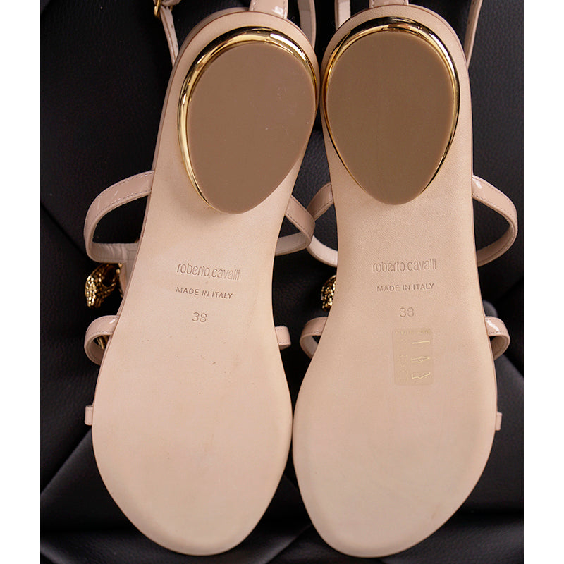 38 NEW $835 ROBERTO CAVALLI Nude Patent Leather GOLD RC SNAKE LOGO Flat SANDALS