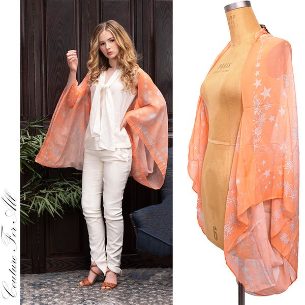 NEW $708 ROBERTO CAVALLI Peach Ombre' Silk Flower Birds Kimono Shawl CAPE SCARF