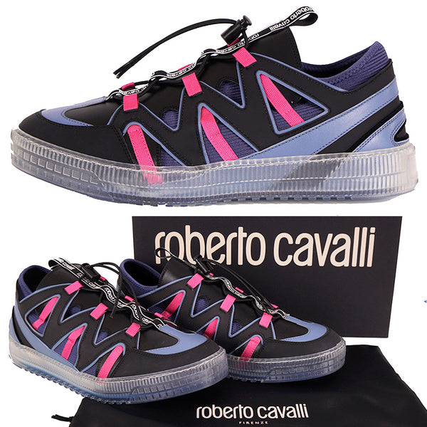 NEW $500 ROBERTO CAVALLI Mens Black Blue Pink MODERN Low Top SNEAKERS