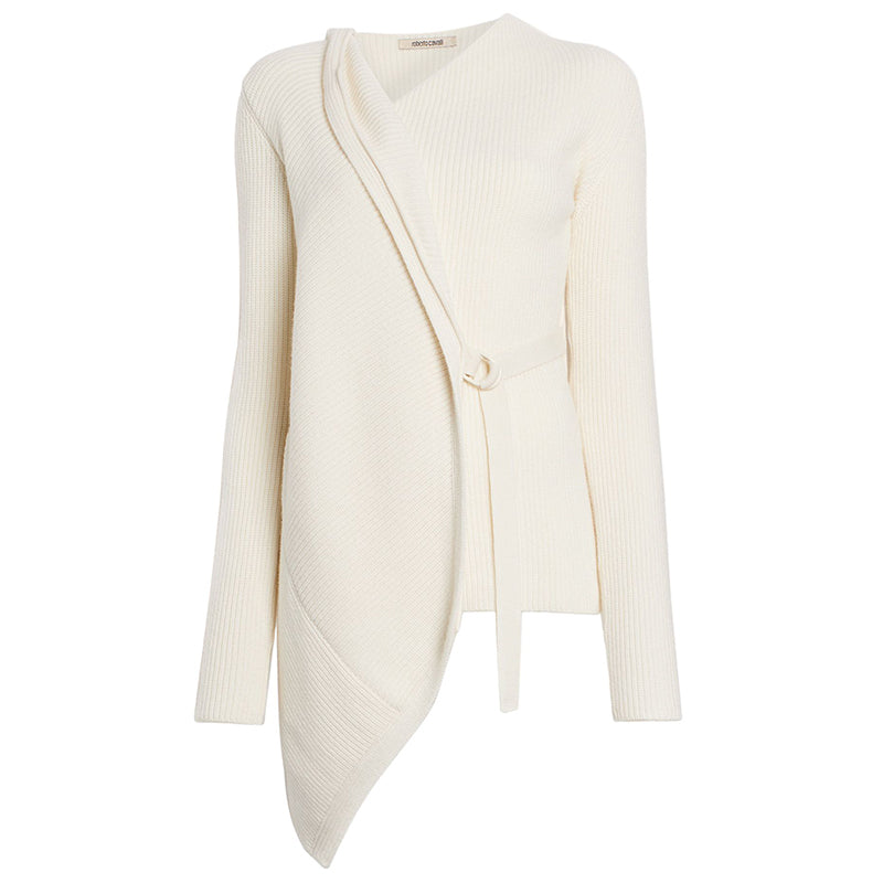 42 NEW $1,550 ROBERTO CAVALLI Ivory Asymmetrical WOOL Knit CARDIGAN SWEATER TOP