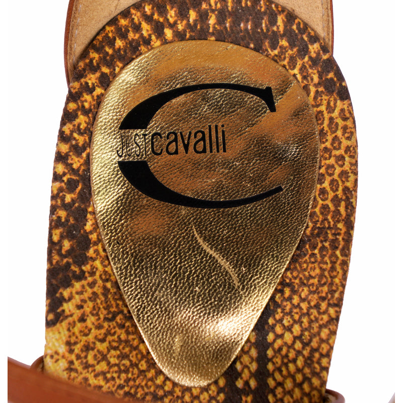 37 NEW $535 JUST CAVALLI Cognac Brown Leather BOHO BRAIDED Ankle LOGO SANDALS