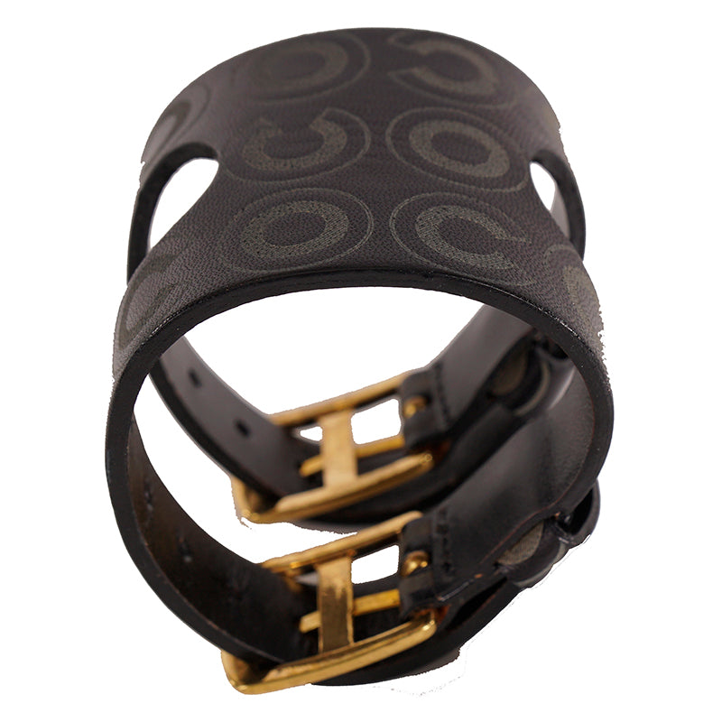 AUTHENTIC CHANEL Coco Double Buckle VINTAGE 2001 Leather CUFF BRACELET w/ BOX