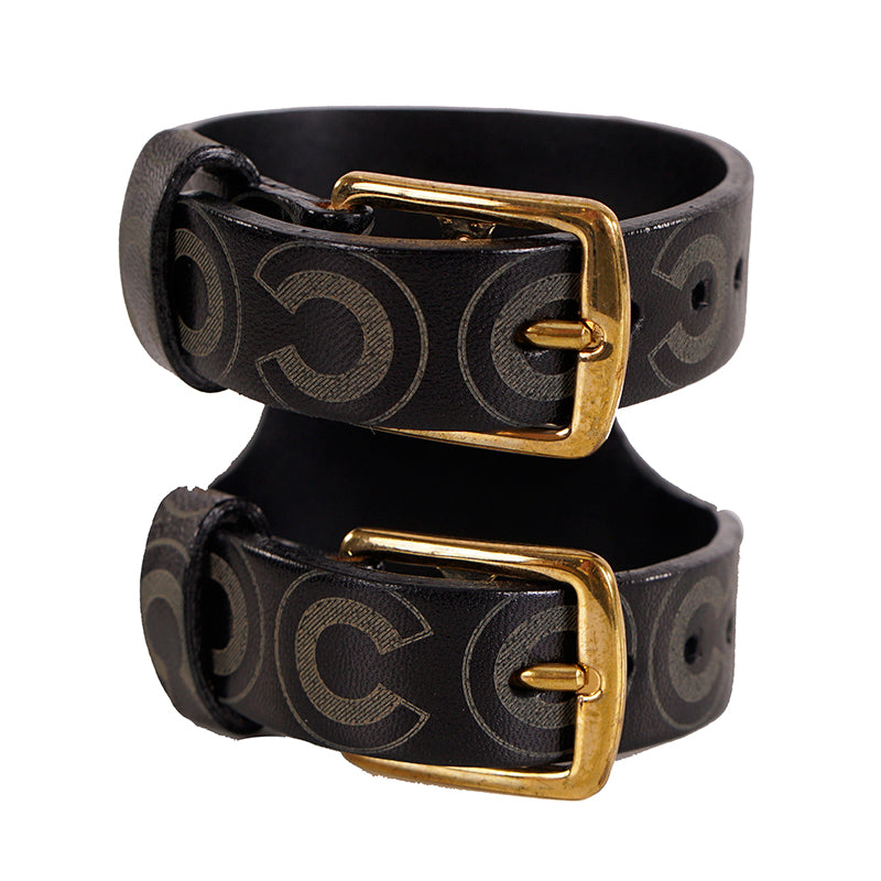 AUTHENTIC CHANEL Coco Double Buckle VINTAGE 2001 Leather CUFF BRACELET w/ BOX