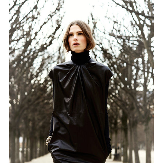 sz 38 NEW $5700 CHRISTIAN DIOR Runway Black LEATHER Bubble MINI DRESS w/ POCKETS