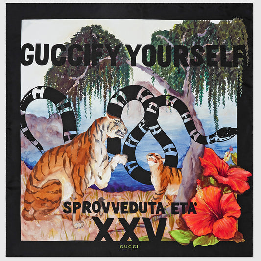 NEW $495 GUCCI Floral TIGER KINGSNAKE LOGO Hawaii Print Silk Twill 90cm SCARF