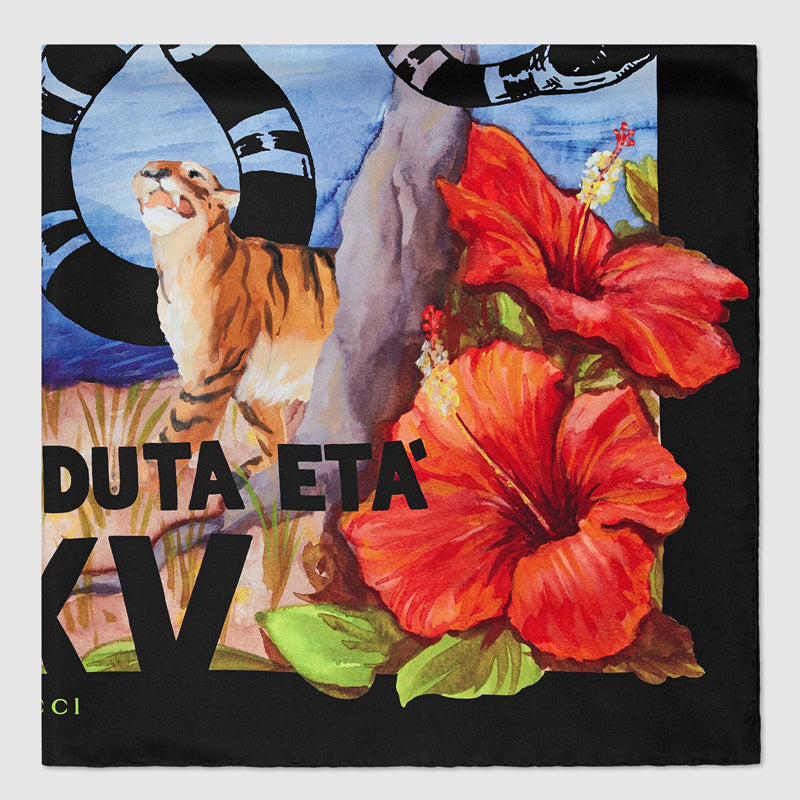 NEW $495 GUCCI Floral TIGER KINGSNAKE LOGO Hawaii Print Silk Twill 90cm SCARF