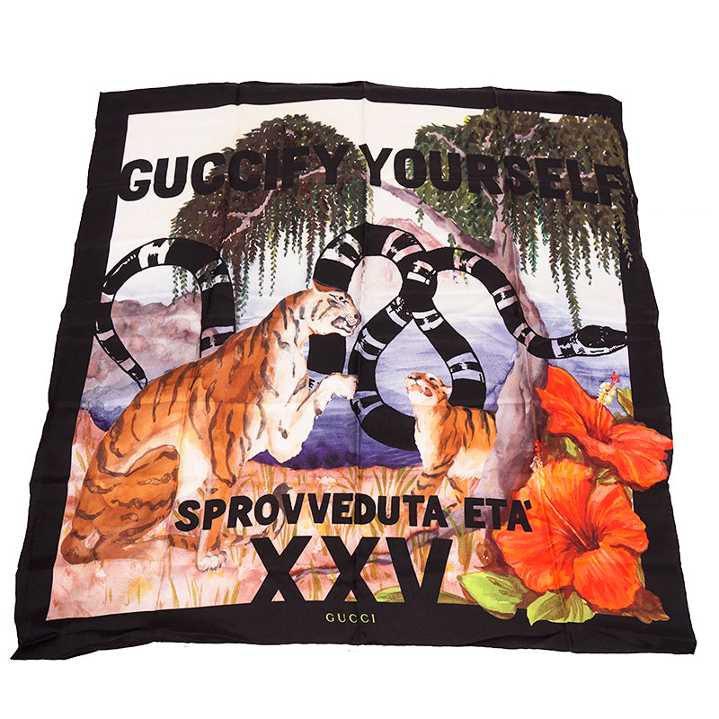 NEW $495 GUCCI Floral TIGER KINGSNAKE LOGO Hawaii Print Silk Twill 90cm SCARF