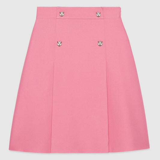 sz 38 NEW $1,500 GUCCI Pink Wool Cady A-Line Pleated FELINE BUTTONS Spring SKIRT