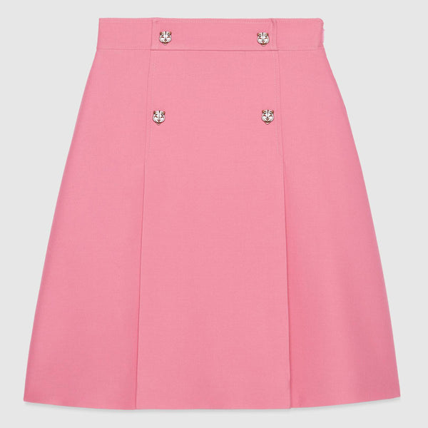 sz 38 NEW $1,500 GUCCI Pink Wool Cady A-Line Pleated FELINE BUTTONS Spring SKIRT