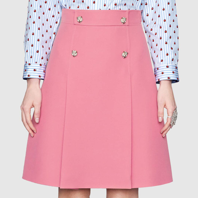 sz 38 NEW $1,500 GUCCI Pink Wool Cady A-Line Pleated FELINE BUTTONS Spring SKIRT