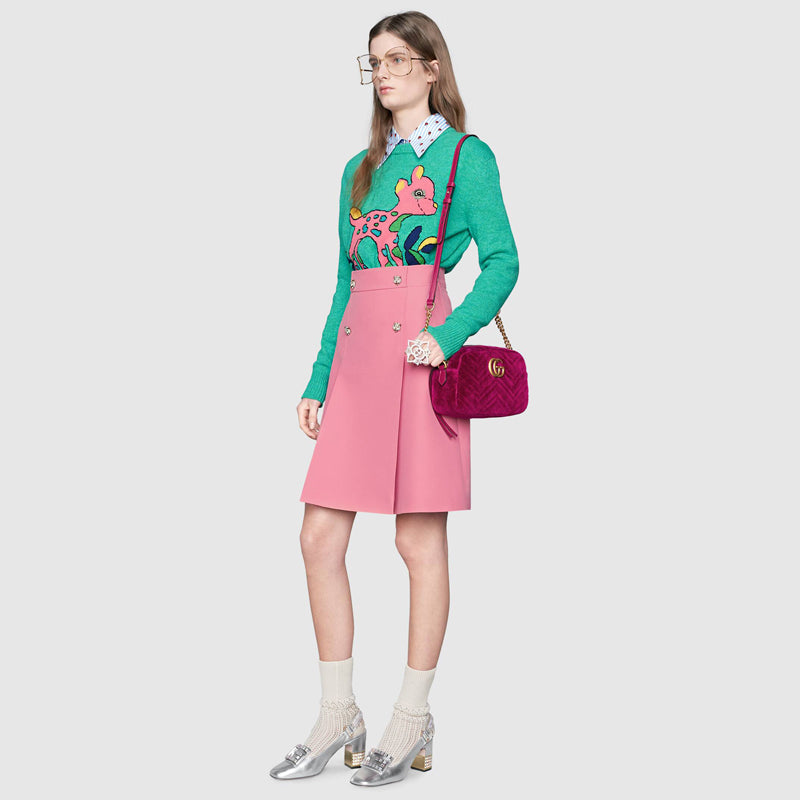 sz 38 NEW $1,500 GUCCI Pink Wool Cady A-Line Pleated FELINE BUTTONS Spring SKIRT