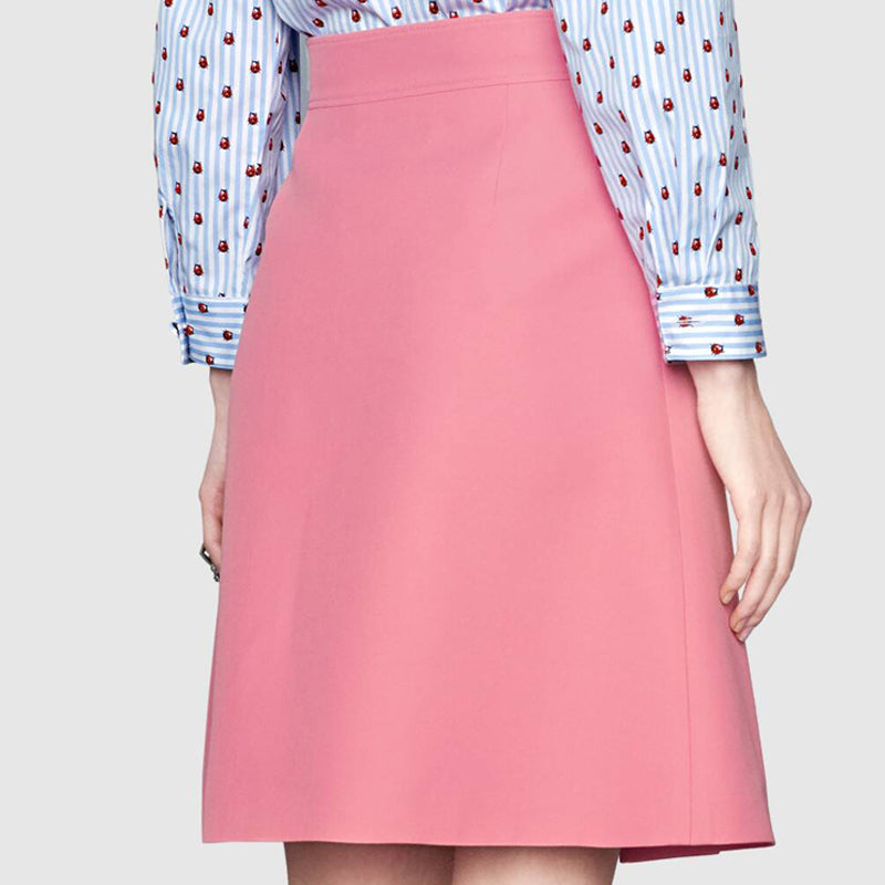 sz 38 NEW $1,500 GUCCI Pink Wool Cady A-Line Pleated FELINE BUTTONS Spring SKIRT