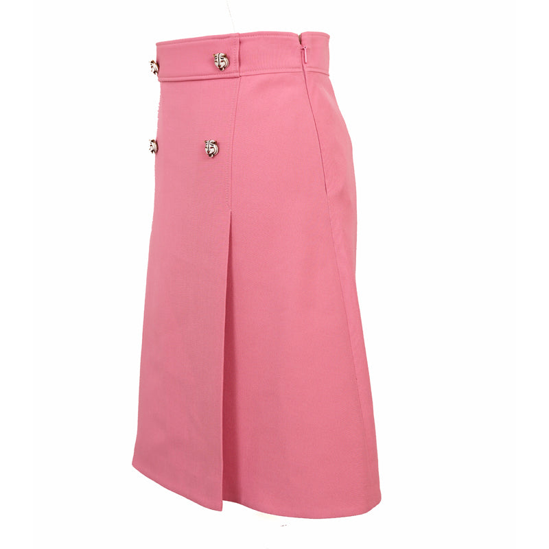 sz 38 NEW $1,500 GUCCI Pink Wool Cady A-Line Pleated FELINE BUTTONS Spring SKIRT