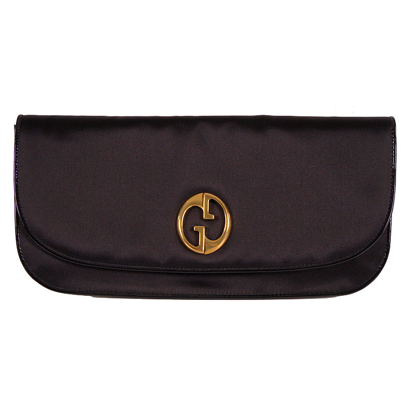 NEW $1100 GUCCI RUNWAY GG1973 Black Satin PATENT PIPING Evening LARGE Clutch BAG