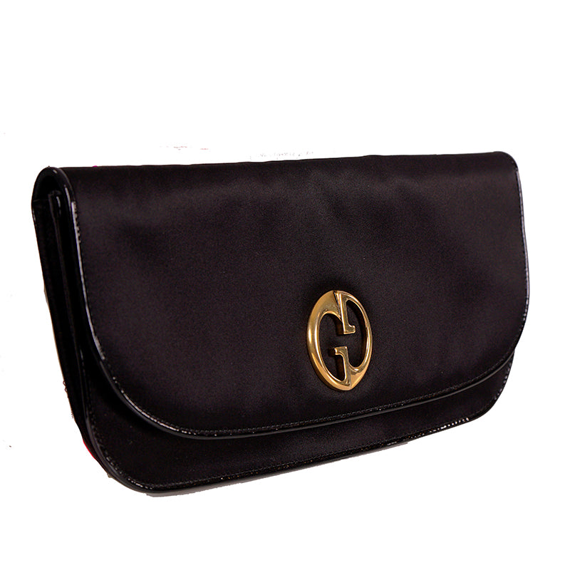 NEW $1100 GUCCI RUNWAY GG1973 Black Satin PATENT PIPING Evening LARGE Clutch BAG