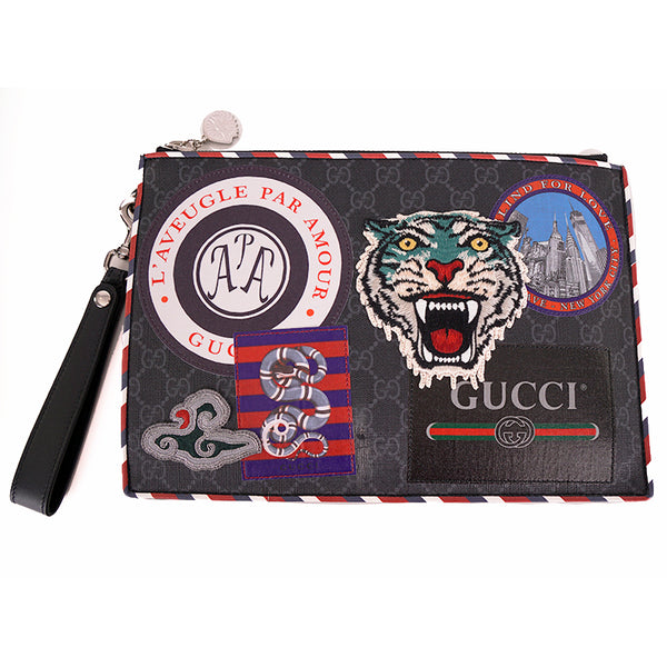 NEW $1,225 GUCCI Black NIGHT COURRIER Supreme Canvas Logo Clutch Wristlet BAG