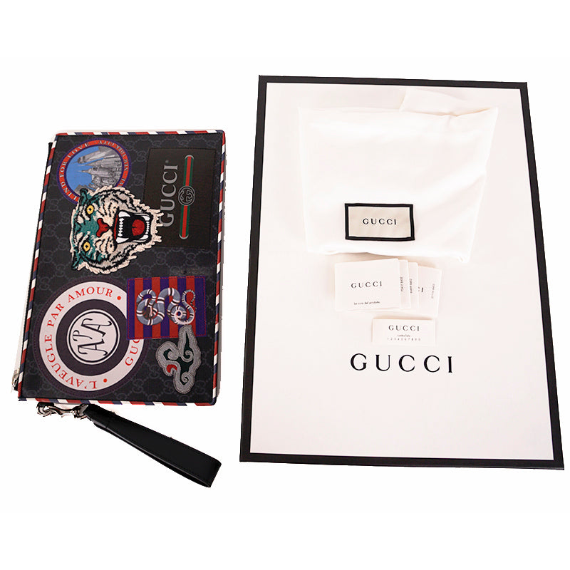 NEW $1,225 GUCCI Black NIGHT COURRIER Supreme Canvas Logo Clutch Wristlet BAG