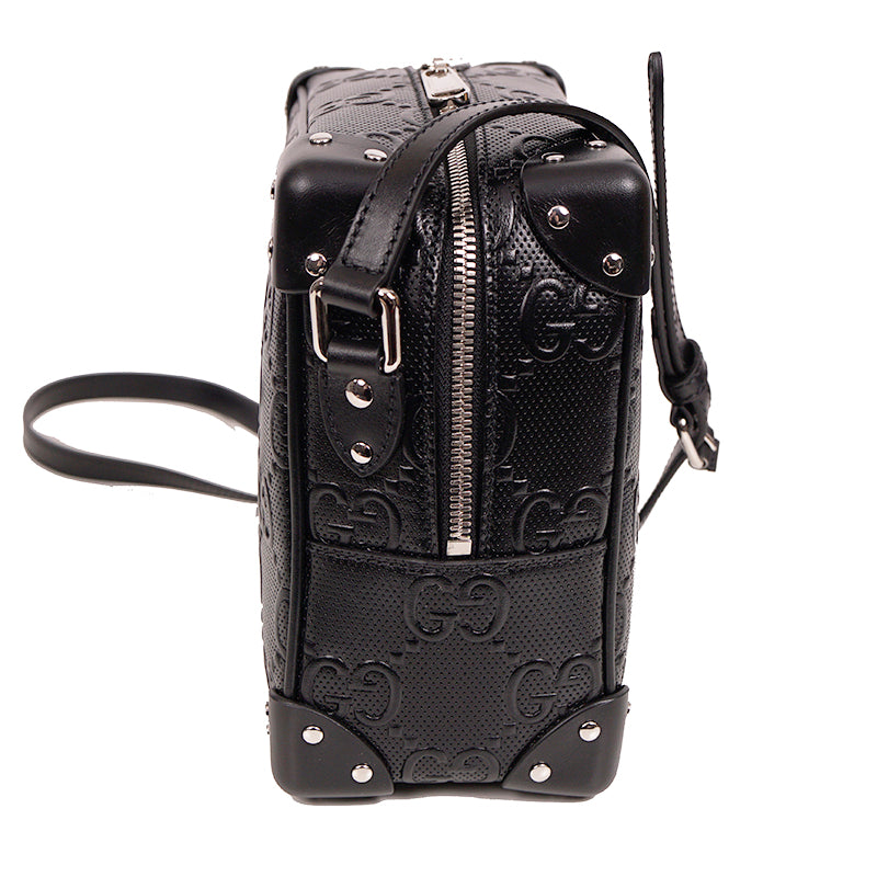 NEW $2,200 GUCCI Black GG EMBOSSED LEATHER SQUARE Perforated Crossbody BAG NWT