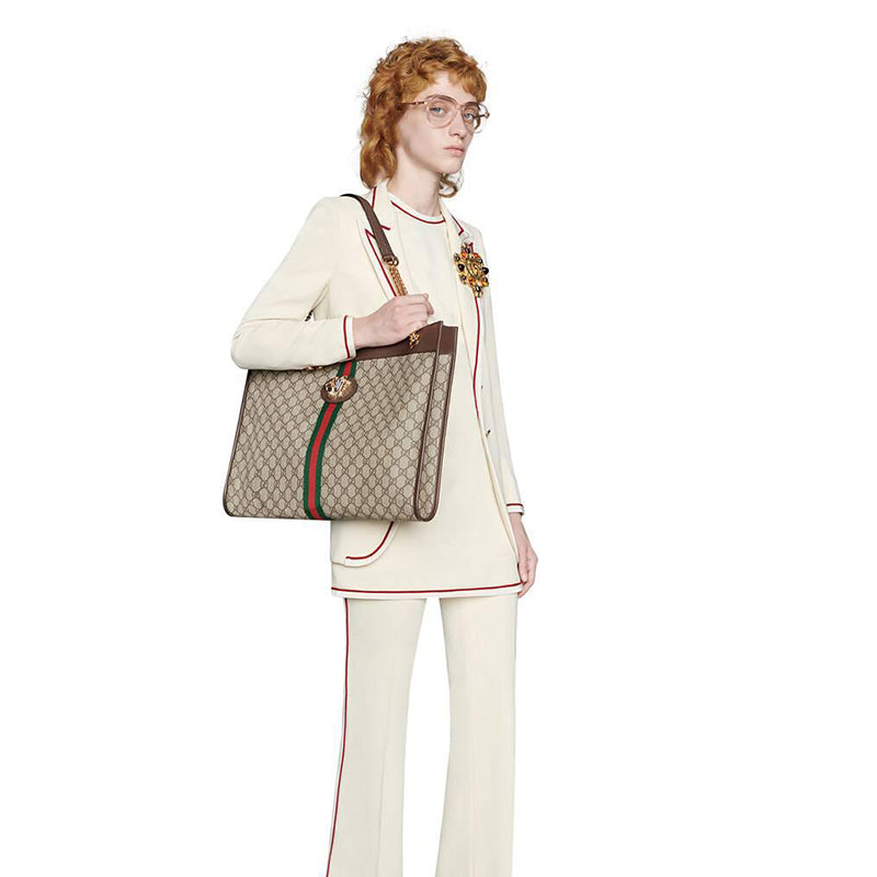 NEW $2800 GUCCI Supreme GG Canvas RAJAH TIGER Chain Strap LARGE TOTE BAG & POUCH