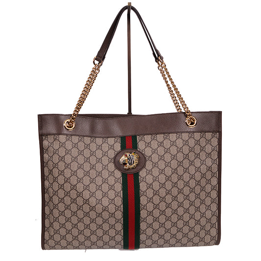 NEW $2800 GUCCI Supreme GG Canvas RAJAH TIGER Chain Strap LARGE TOTE BAG & POUCH