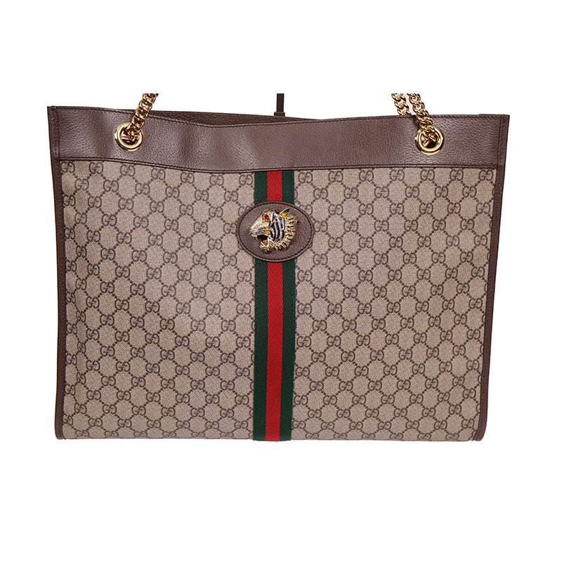 NEW $2800 GUCCI Supreme GG Canvas RAJAH TIGER Chain Strap LARGE TOTE BAG & POUCH