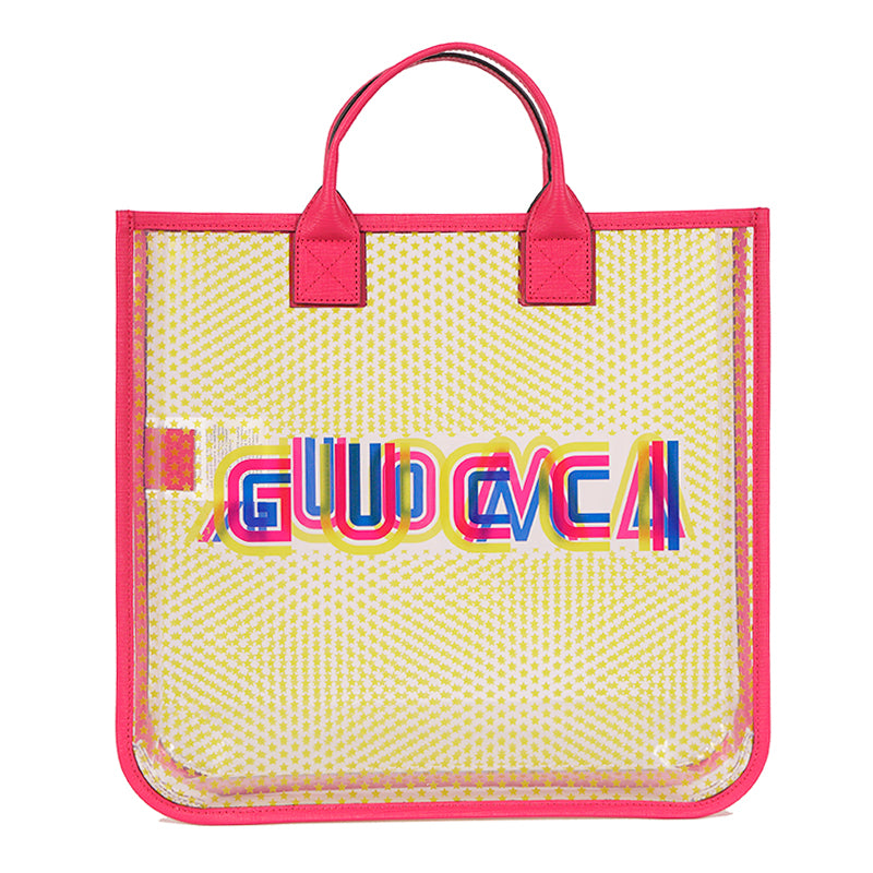NEW GUCCI JUNIOR Clear Yellow STAR PRINT Amour Vinyl Tote BAG with Pink Leather