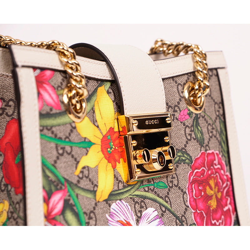 NEW $2200 GUCCI White Leather & FLORA Supreme GG Canvas PADLOCK TOTE BAG & KEYS