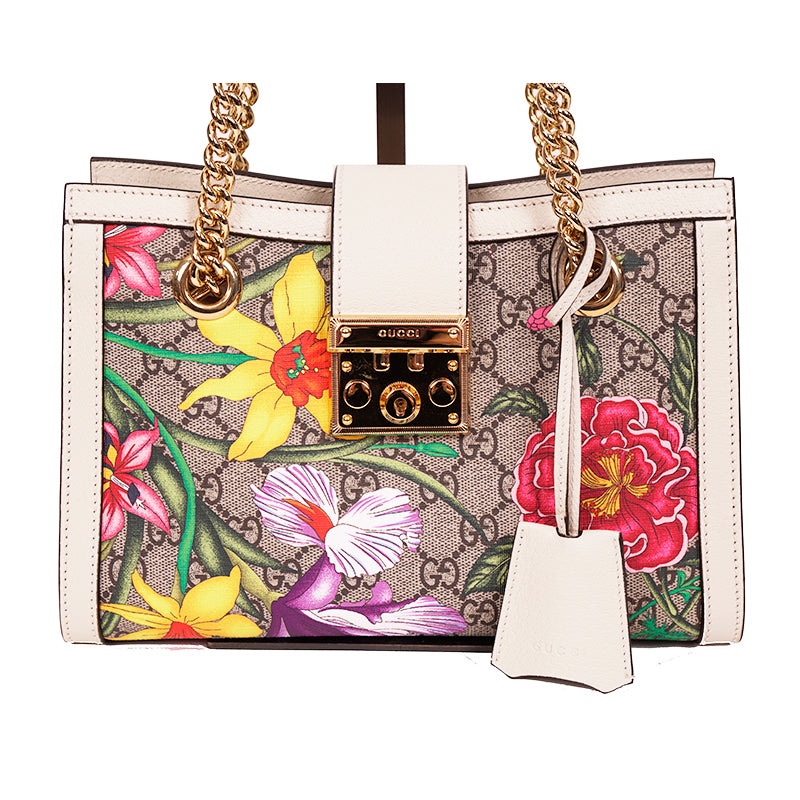 NEW $2200 GUCCI White Leather & FLORA Supreme GG Canvas PADLOCK TOTE BAG & KEYS