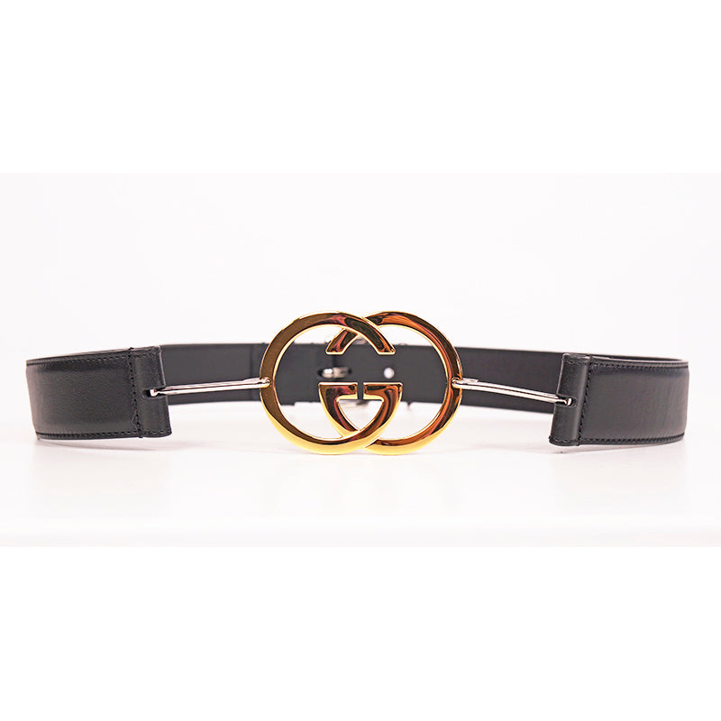 85/34 NEW $970 GUCCI Woman Black Leather GOLD GG INTERLOCKING LOGO Waist BELT