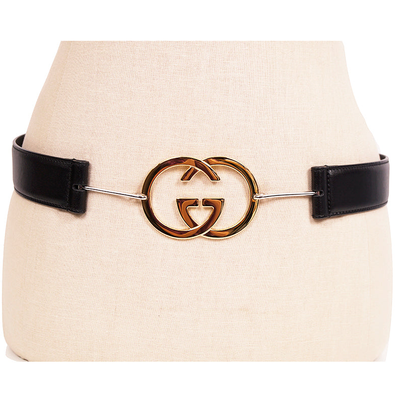 85/34 NEW $970 GUCCI Woman Black Leather GOLD GG INTERLOCKING LOGO Waist BELT