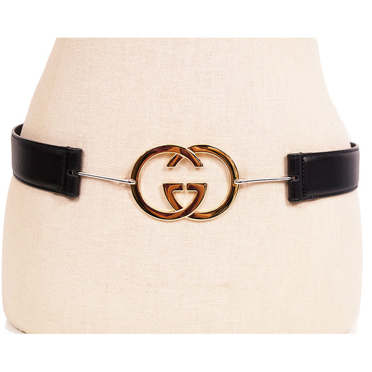 85/34 NEW $970 GUCCI Woman Black Leather GOLD GG INTERLOCKING LOGO Waist BELT