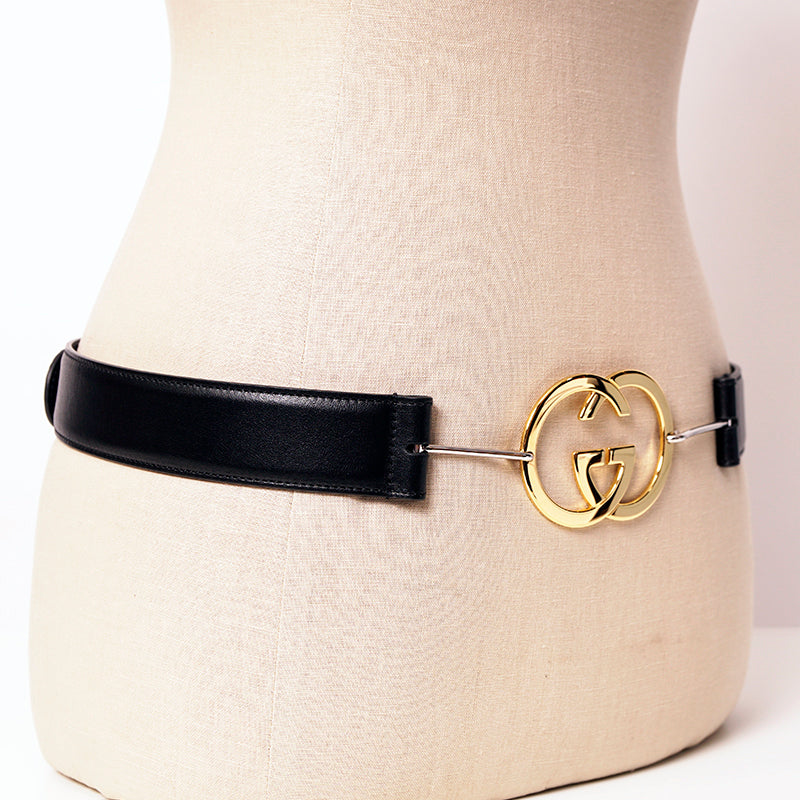 85/34 NEW $970 GUCCI Woman Black Leather GOLD GG INTERLOCKING LOGO Waist BELT