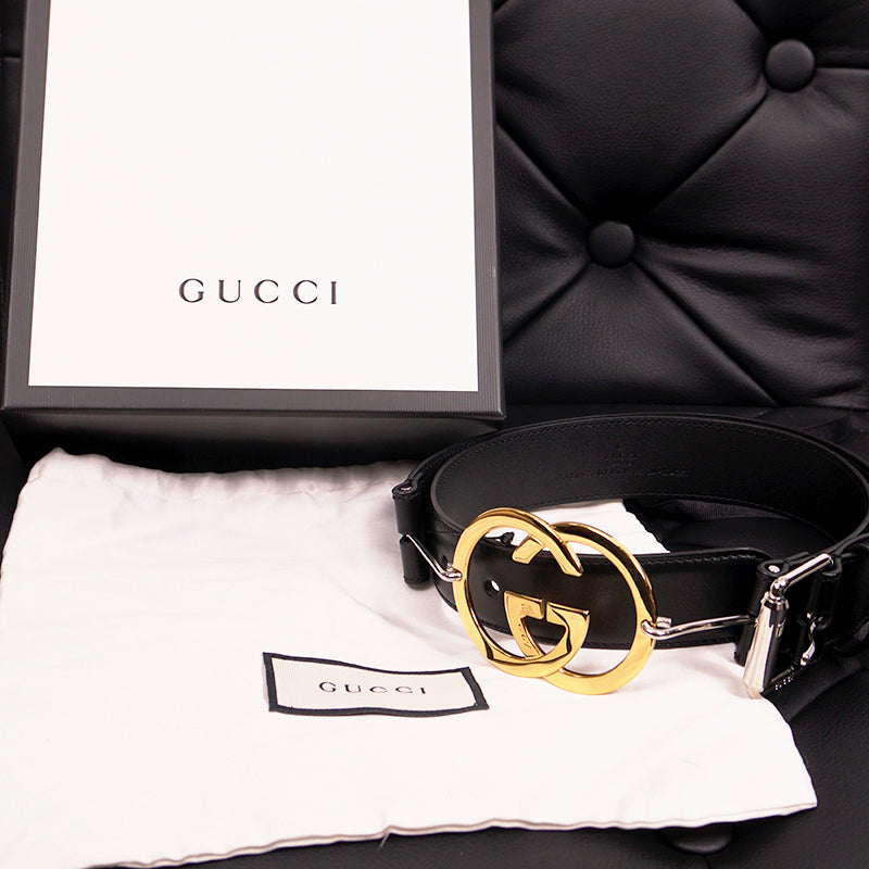 85/34 NEW $970 GUCCI Woman Black Leather GOLD GG INTERLOCKING LOGO Waist BELT
