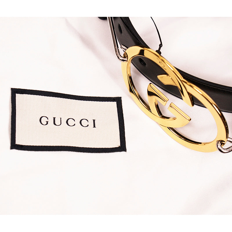 85/34 NEW $970 GUCCI Woman Black Leather GOLD GG INTERLOCKING LOGO Waist BELT