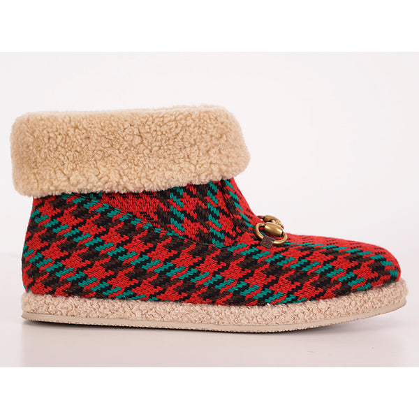 37.5 NEW $950 GUCCI Red Green HOUNDSTOOTH WOOL Gold Horsebit Ankle BOOTS