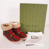 37.5 NEW $950 GUCCI Red Green HOUNDSTOOTH WOOL Gold Horsebit Ankle BOOTS