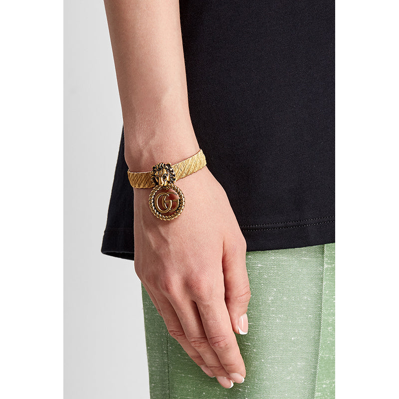 NEW $870 GUCCI Lion Head Metallic Gold MARMONT GG LOGO Cuff BRACELET NIB NWT
