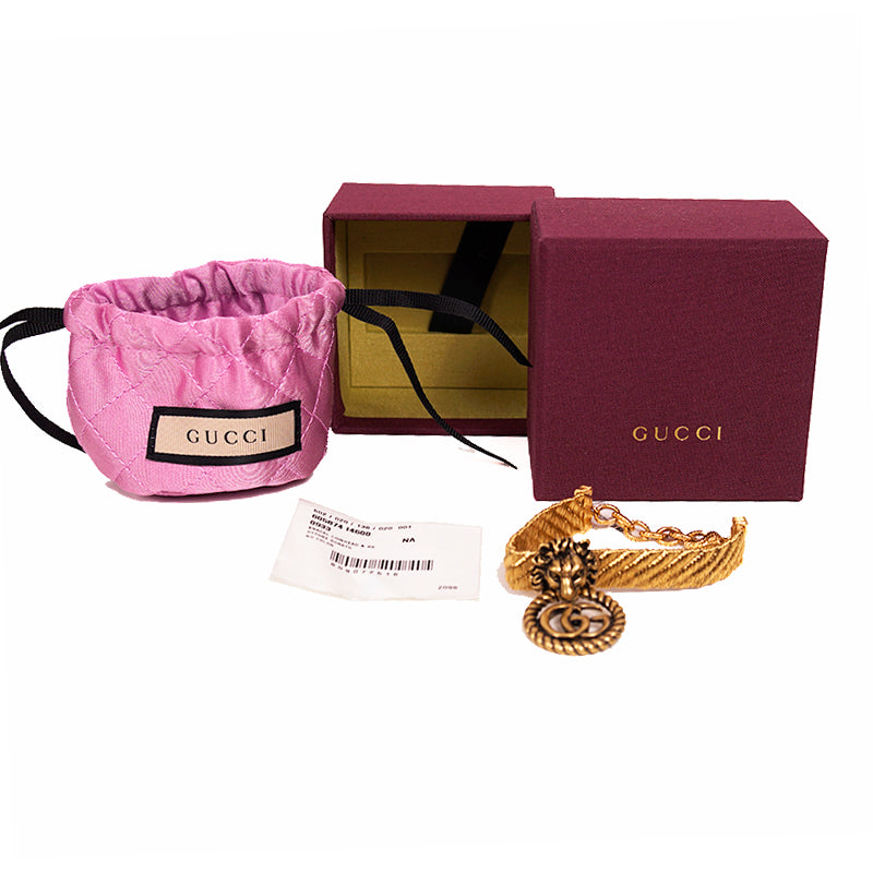 NEW $870 GUCCI Lion Head Metallic Gold MARMONT GG LOGO Cuff BRACELET NIB NWT