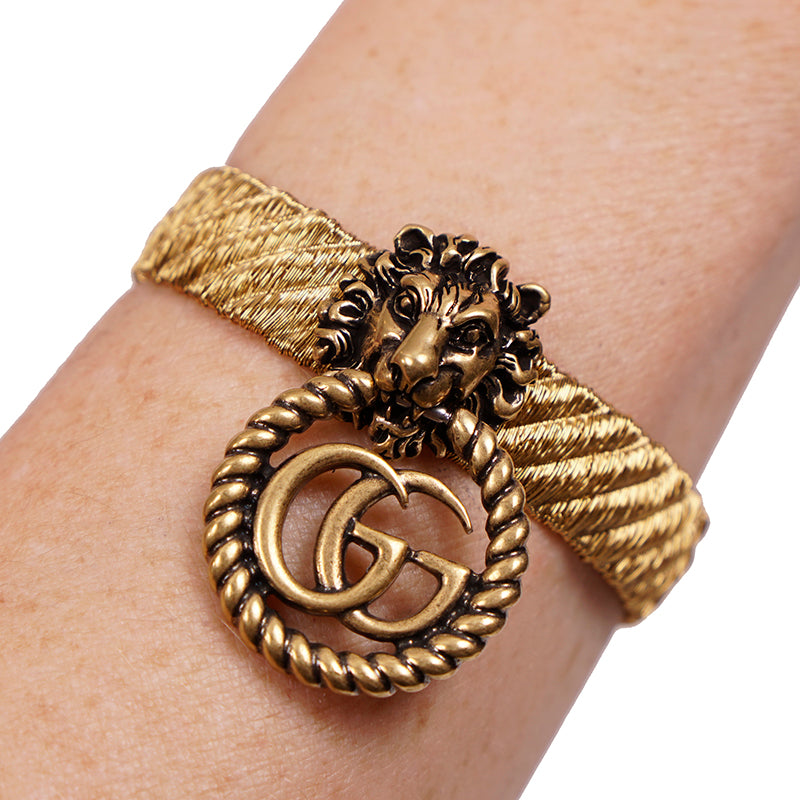 NEW $870 GUCCI Lion Head Metallic Gold MARMONT GG LOGO Cuff BRACELET NIB NWT