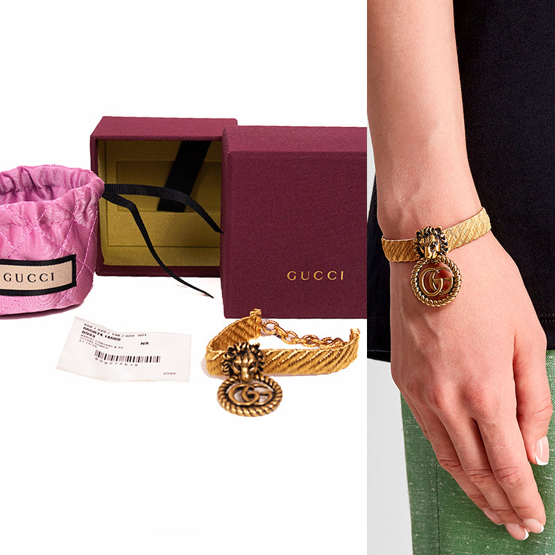 NEW $870 GUCCI Lion Head Metallic Gold MARMONT GG LOGO Cuff BRACELET NIB NWT