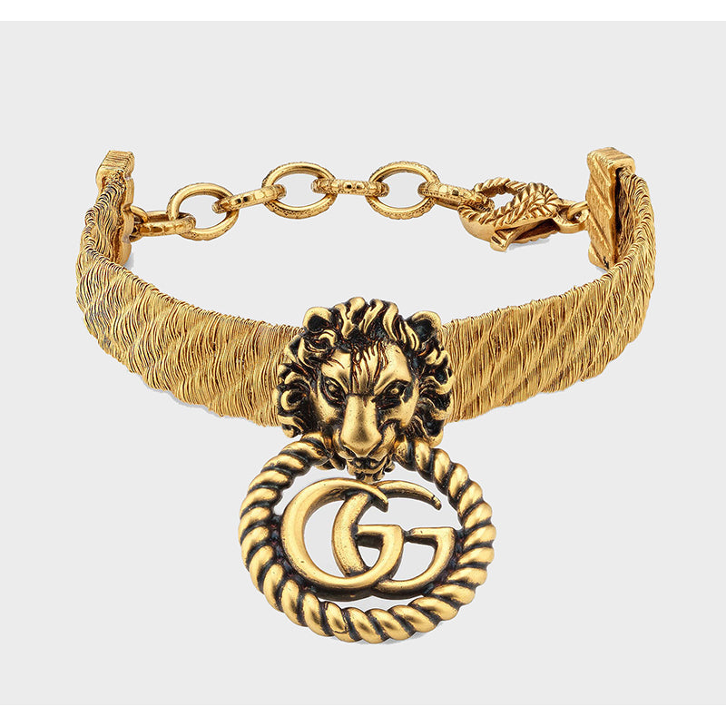 NEW $870 GUCCI Lion Head Metallic Gold MARMONT GG LOGO Cuff BRACELET NIB NWT