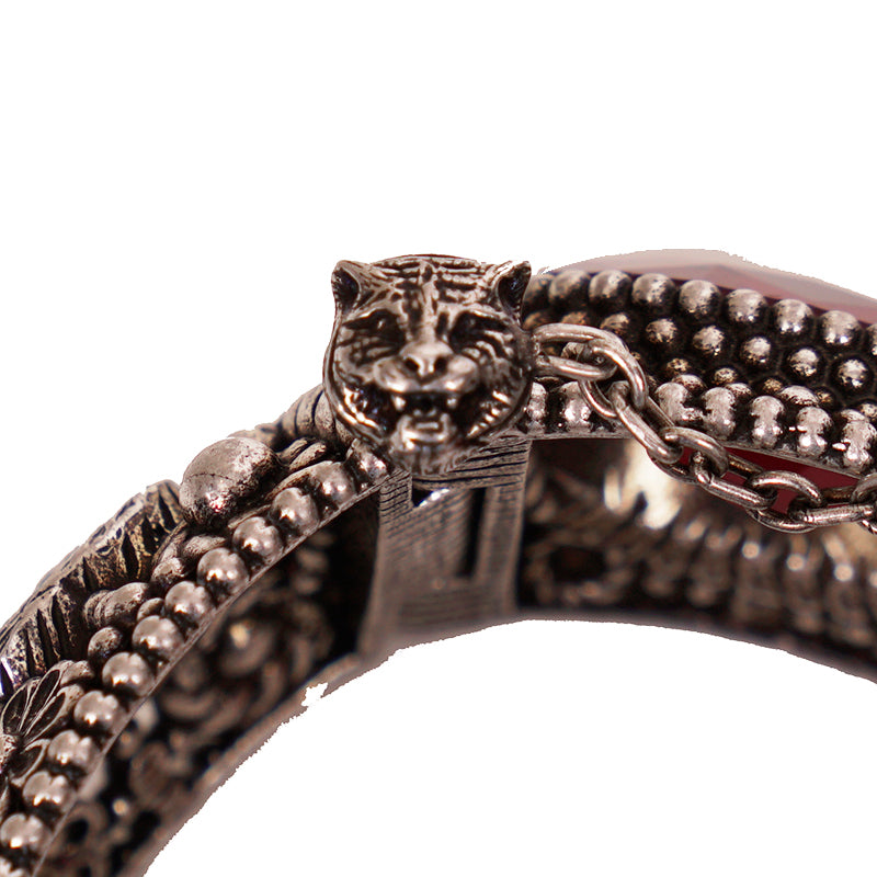 NEW $1620 GUCCI Sterling Silver GG LOGO TIGER HEAD PIN Red Crystal BRACELET NIB