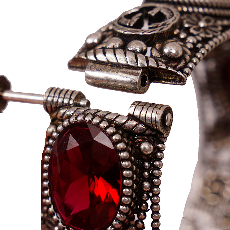 NEW $1620 GUCCI Sterling Silver GG LOGO TIGER HEAD PIN Red Crystal BRACELET NIB